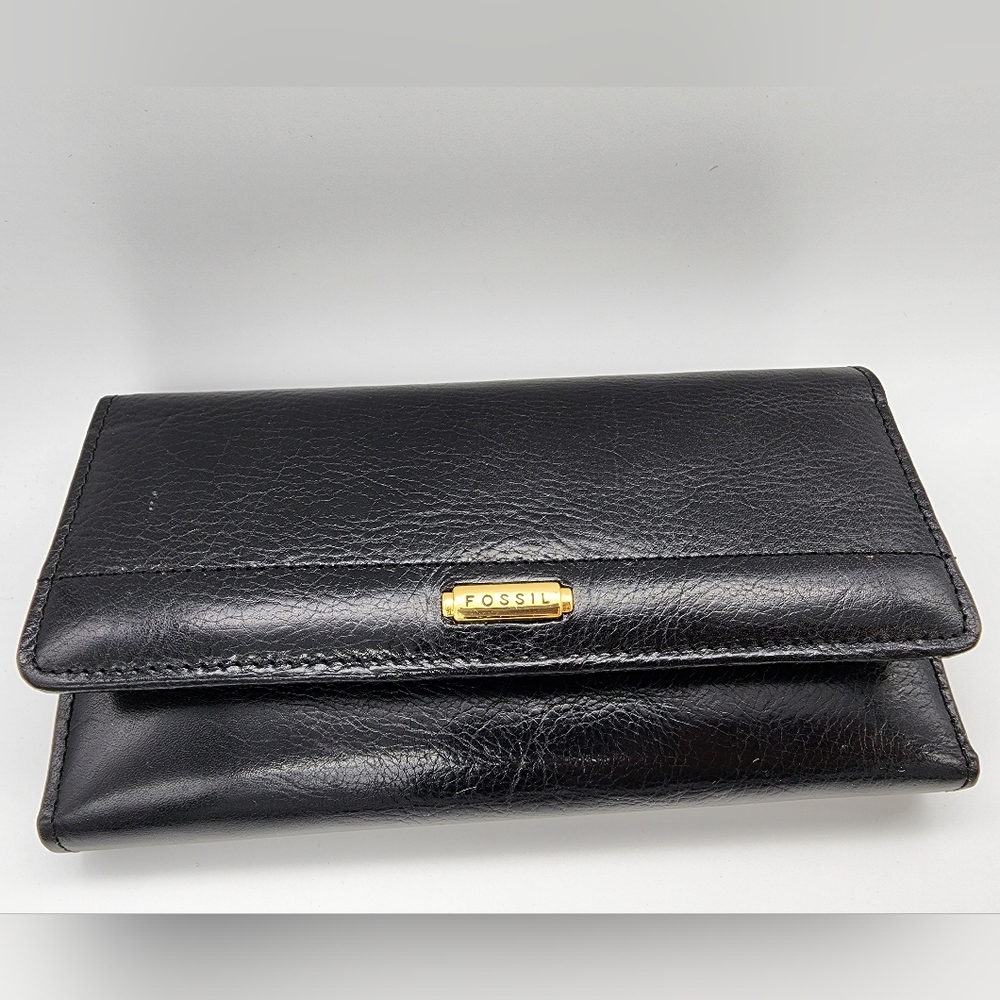 Fossil black leather wallet checkbook and pen NWT